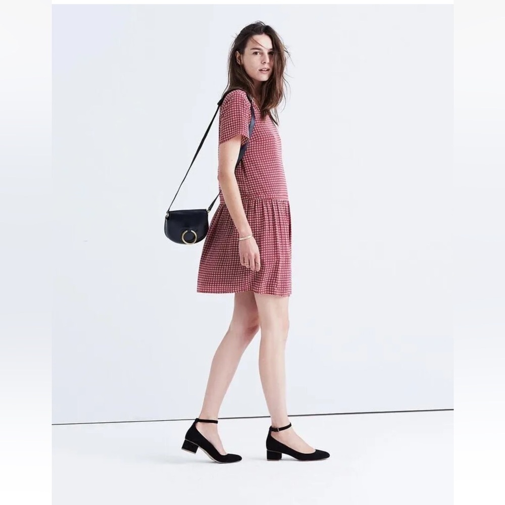 Madewell Silk Ascot Tile Maroon Red white short sleeve Drop Waist dress | Size 0 - Picture 3 of 14